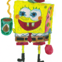 Spongebob Squarepants verkleed als een postbode die een kopje koffie drink, aquarellen 5 jaar oud