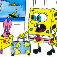 SpongeBob SquarePants praat met een muis op een luchthaven, tekenfilm uit de jaren 60